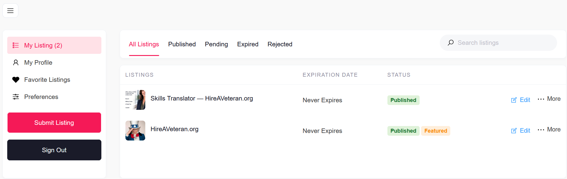 Dashboard showing multiple listings